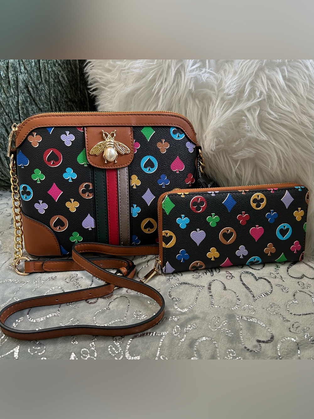 NWT Multicolor Playing Card Suits Deco Bee Accent Crossbody Bag & Wallet Set